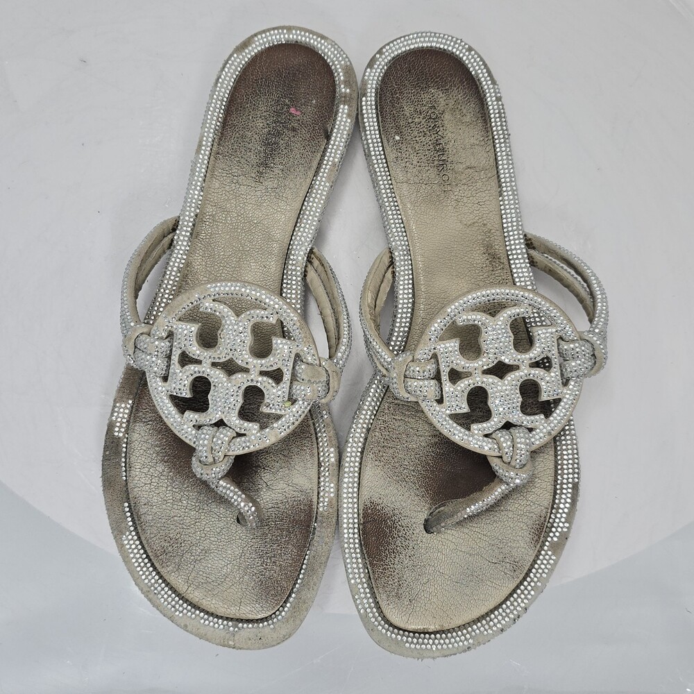 Worn Tory Burch Miller Knotted Pavรฉ Thong Sandals 8.5 M Dark Clay Silver Gray